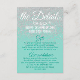 Cartão De Informações Detalhes do Casamento do Teal Glitter Brancos Glit
