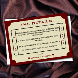 Cartão De Informações Detalhes do casamento do tíquete de filme retrô