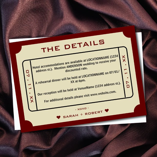 Cartão De Informações Detalhes do casamento do tíquete de filme retrô (Retro Movie Ticket Wedding Details Enclosure Card)