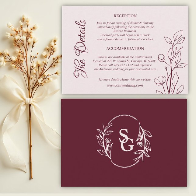 Cartão De Informações Detalhes do Casamento do Vinho Boho Ruby Simples (Criador carregado)