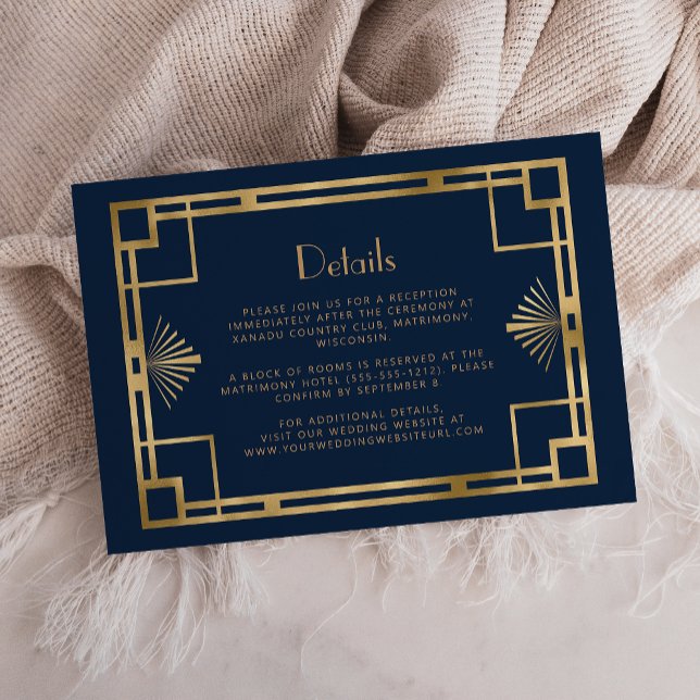 Cartão De Informações Detalhes do Casamento Dourado Azul 1920 Deco Marin (Criador carregado)