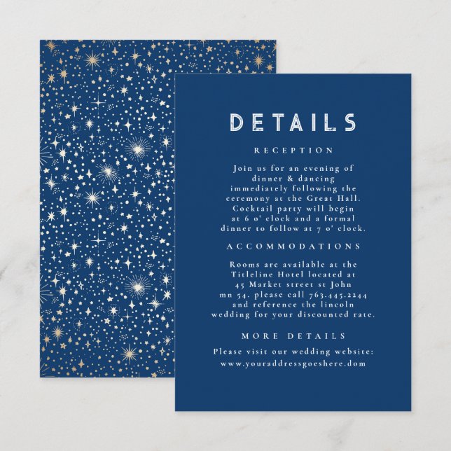 Cartão De Informações Detalhes do Casamento Dourado Azul Celestial Starr (Frente/Verso)