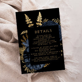 Cartão De Informações Detalhes do Casamento Dourado Azul Marinho Floral