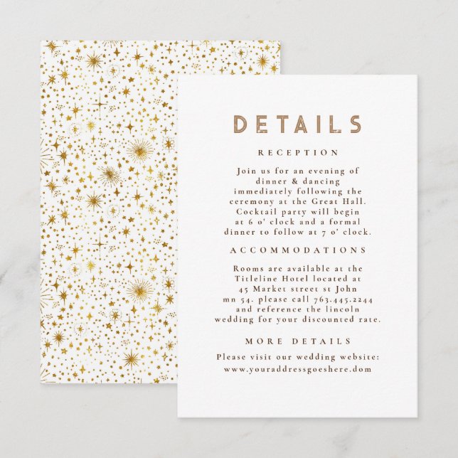 Cartão De Informações Detalhes do Casamento Dourado Celestial da Noite E (Frente/Verso)