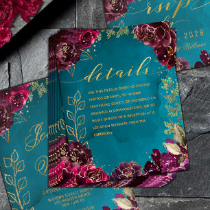 Cartão De Informações Detalhes do Casamento Dourado de Aqua Teal Merlot