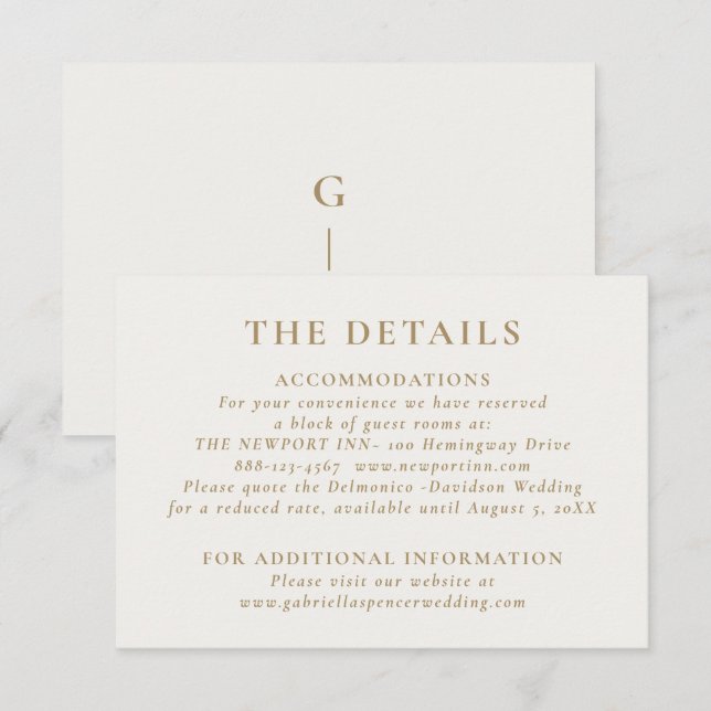 Cartão De Informações Detalhes do Casamento Dourado de Creme Elegante (Frente/Verso)