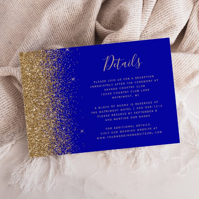Cartão De Informações Detalhes do Casamento Dourado de Lusas Azul Modern (Criador carregado)