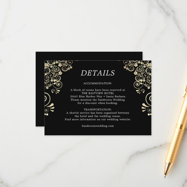 Cartão De Informações Detalhes do Casamento Dourado Elegante Preto (Frente/Verso In Situ)