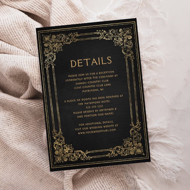 Cartão De Informações Detalhes do Casamento Dourado Preto do Quadro Vint (Criador carregado)