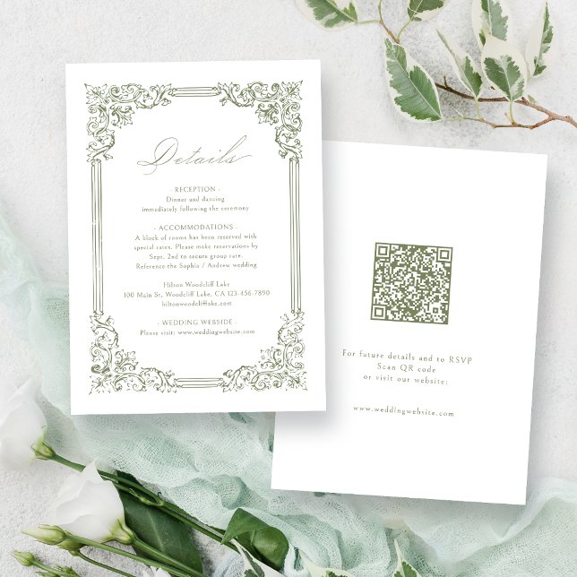 Cartão De Informações Detalhes do Casamento Elegante da Frame Verde da S (Sage Green Vintage Frame Elegant Wedding Details Enclosure Card)