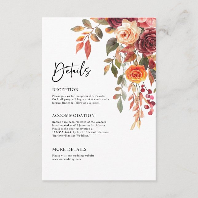 Cartão De Informações Detalhes do Casamento Elegante de Queda Laranja Bu (Frente)