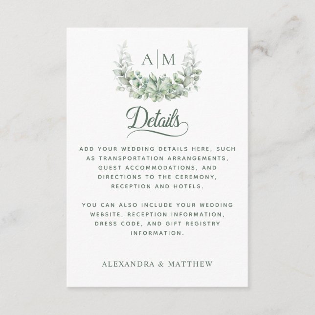 Cartão De Informações Detalhes do Casamento Elegante do Monograma Greene (Frente)