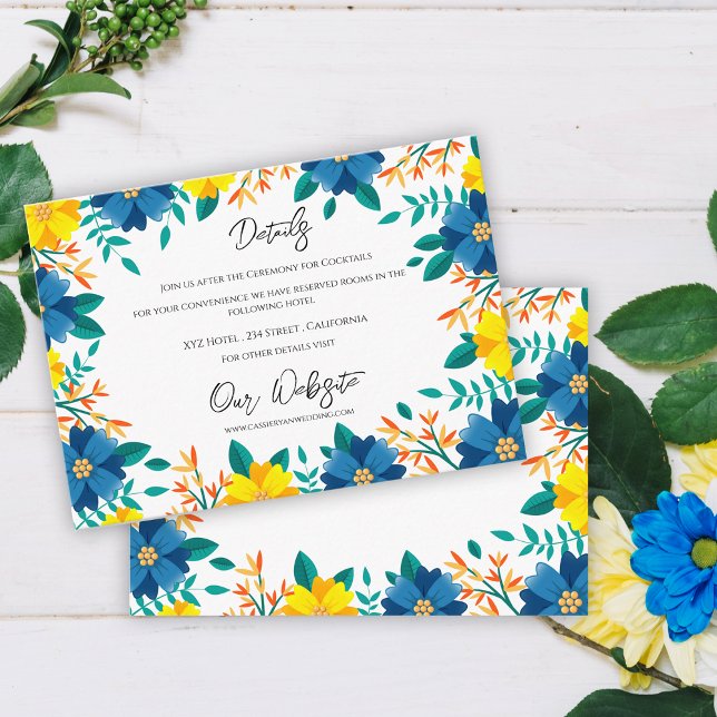 Cartão De Informações Detalhes do Casamento Elegante Floral Azul Amarelo (Yellow Blue Floral Elegant Wedding Details Enclosure Card)