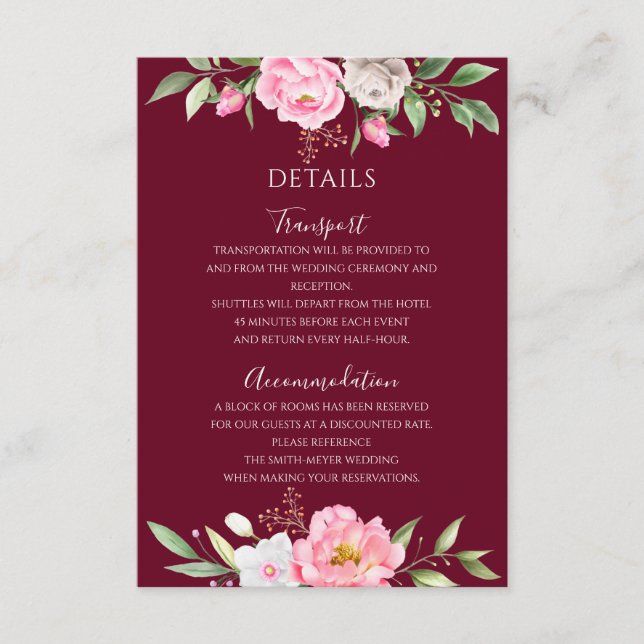 Cartão De Informações Detalhes do Casamento Elegante Floral Floral da Bu (Frente)