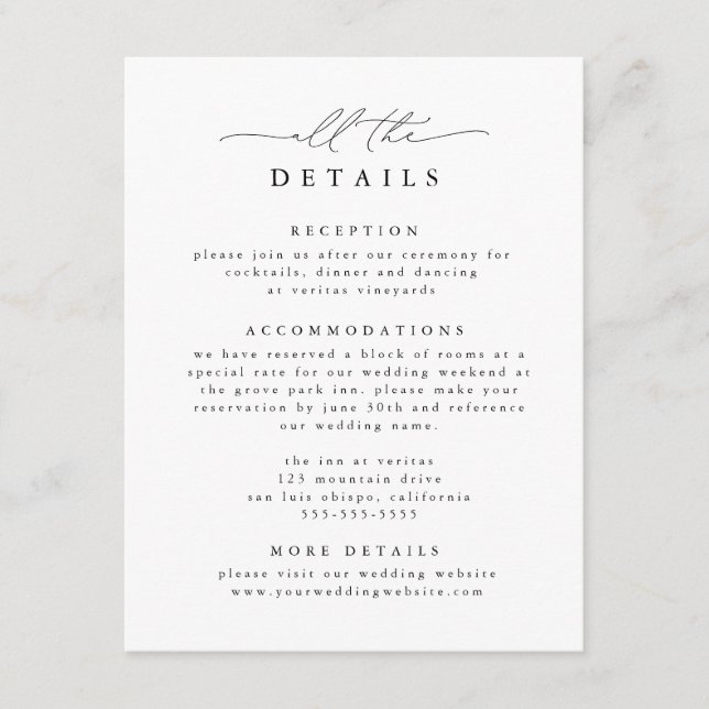 Cartão De Informações Detalhes do Casamento Elegante Moderno Negro e Bra (Frente)