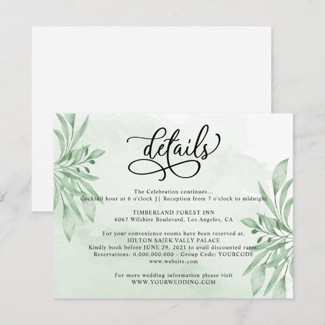 Cartão De Informações Detalhes do Casamento Elegante Moody Eucalyptus Gr (Frente/Verso)