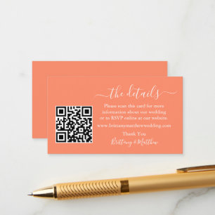 Cartão De Informações Detalhes do Casamento em Caligrafia Site QR Coral