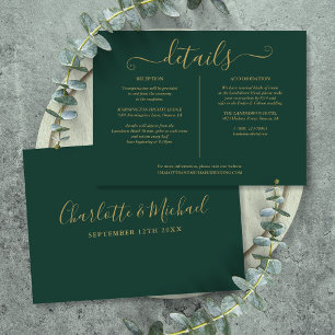 Cartão De Informações Detalhes do Casamento em Verde Esmeralda e Dourado