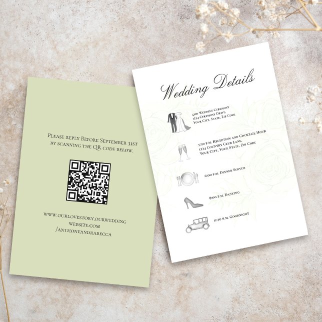Cartão De Informações Detalhes do Casamento em Verde Salvia Código QR Li (Elegant sage green wedding timeline card with icons and soft botanical background)