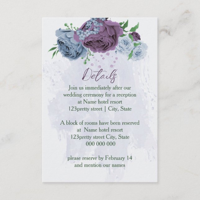 Cartão De Informações Detalhes do casamento floral azul roxo (Frente)