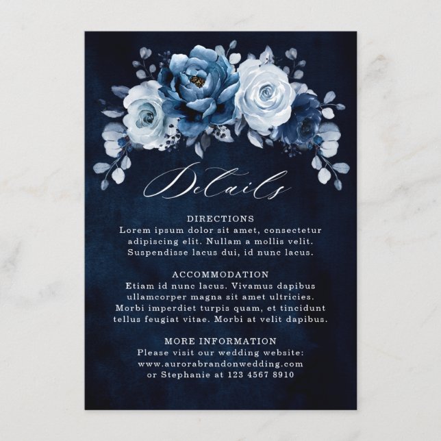 Cartão De Informações Detalhes do Casamento Floral Azul Slate Marinho Po (Frente)
