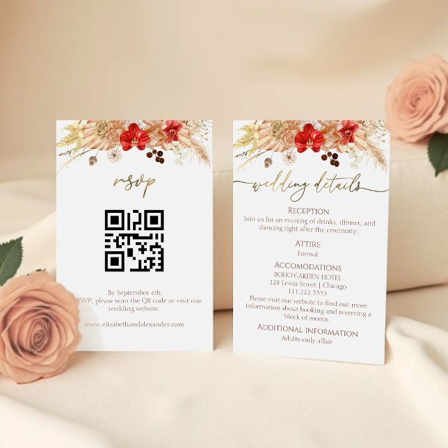 Cartão De Informações Detalhes do Casamento Floral Boho | RSVP | Código  (Criador carregado)