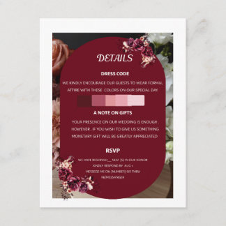 Cartão De Informações Detalhes do Casamento Floral Borgonha e Resposta d