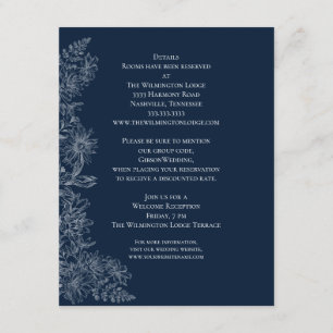 Cartão De Informações Detalhes do Casamento Floral Branco Azul-Meia-Noit