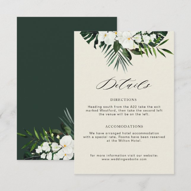 Cartão De Informações detalhes do casamento floral branco tropical (Frente/Verso)