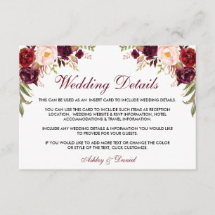 Cartão De Informações Detalhes do Casamento Floral Burgundy Inserir Cart