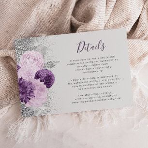 Cartão De Informações Detalhes do Casamento Floral Cinza Roxo Prata