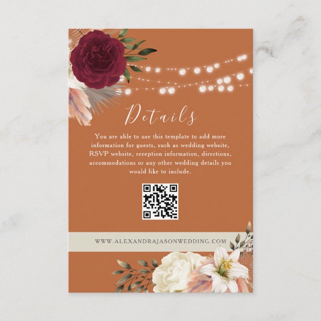 Cartão De Informações Detalhes do Casamento Floral Código QR Site (Frente)
