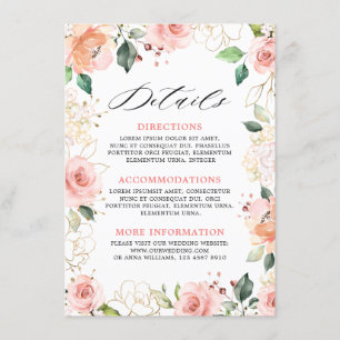 Cartão De Informações Detalhes do Casamento Floral com Rosa Pastel Blush