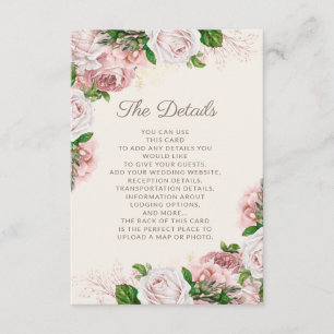 Cartão De Informações Detalhes do Casamento Floral Cor-de-Rosa com Blush