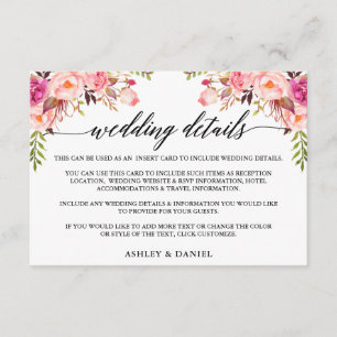 Cartão De Informações Detalhes do Casamento Floral Cor-de-Rosa Moderno