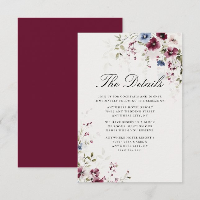 Cartão De Informações Detalhes do Casamento Floral da Berurgundy (Frente/Verso)