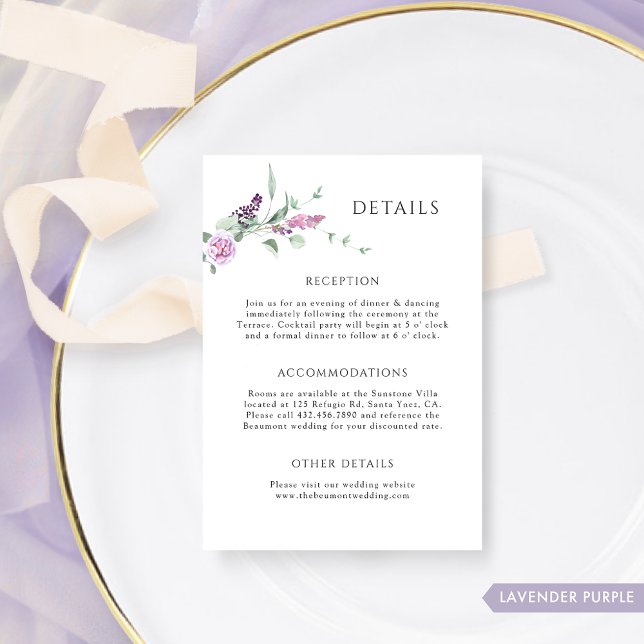 Cartão De Informações Detalhes do Casamento Floral da Pastel Lavanda Ele (Criador carregado)