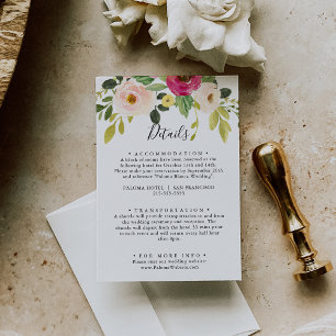Cartão De Informações Detalhes do Casamento Floral de Blush Verde Rosa