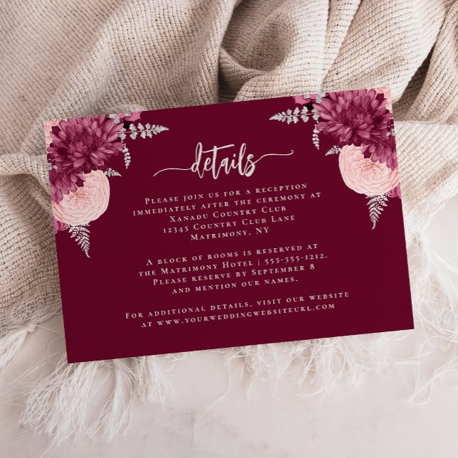 Cartão De Informações Detalhes do Casamento Floral de Burgundy Blush Sil (Criador carregado)