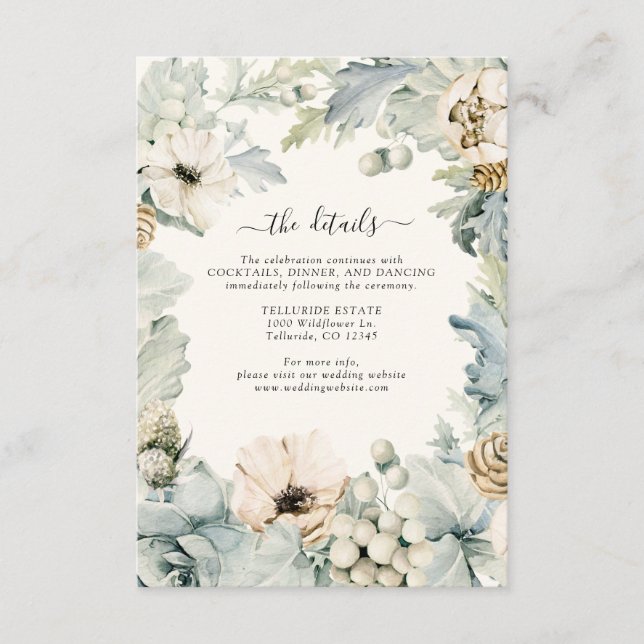 Cartão De Informações Detalhes do Casamento Floral de Dusty Blue (Frente)
