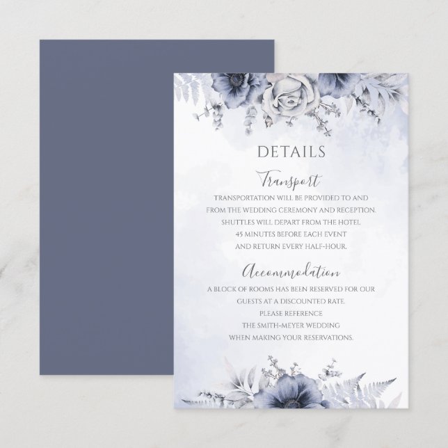 Cartão De Informações Detalhes do Casamento Floral de Dusty Blue Waterco (Frente/Verso)