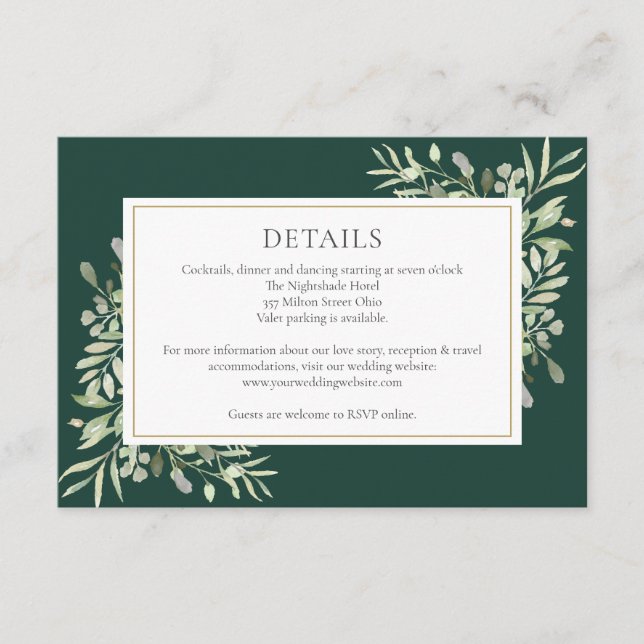 Cartão De Informações Detalhes do Casamento Floral de Emerald Greenery (Frente)