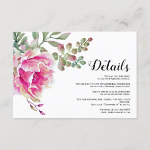 Cartão De Informações Detalhes do casamento floral de flores cor-de-rosa