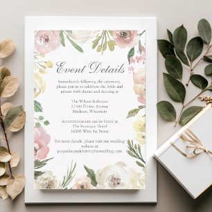 Cartão De Informações Detalhes do Casamento Floral de Ivory, Cor-de-rosa