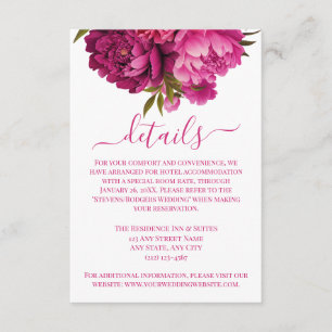 Cartão De Informações Detalhes do Casamento Floral de Magenta Peony