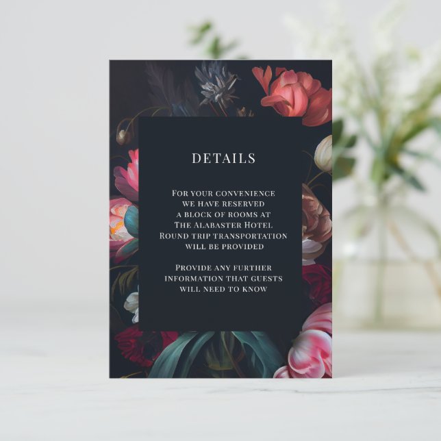 Cartão De Informações Detalhes do Casamento Floral de Moody Peony (Em pé/Frente)