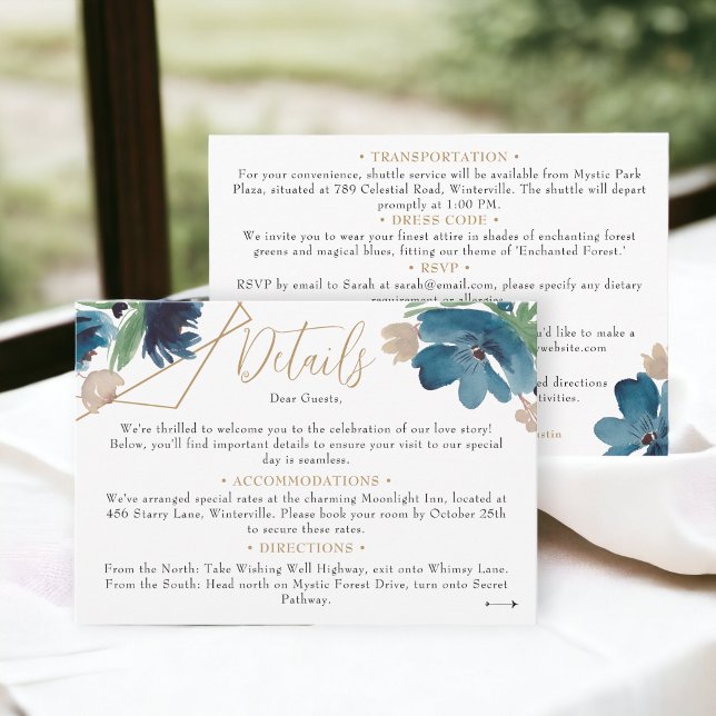 Cartão De Informações Detalhes do casamento Floral de ouro azul Dusty (Dusty blue gold Floral Watercolor wedding details Enclosure Card)