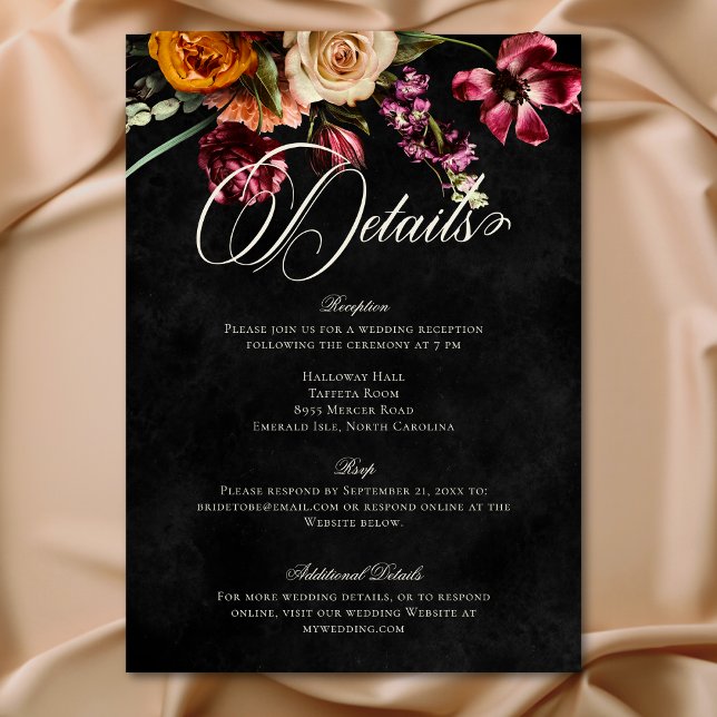 Cartão De Informações Detalhes do Casamento Floral de outono de Outono E (Dark Elegant Autumn Floral Wedding Details Enclosure Card)