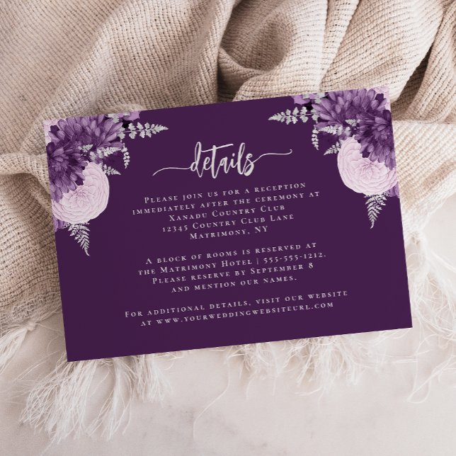 Cartão De Informações Detalhes do Casamento Floral de Prata Lilac Roxo (Criador carregado)
