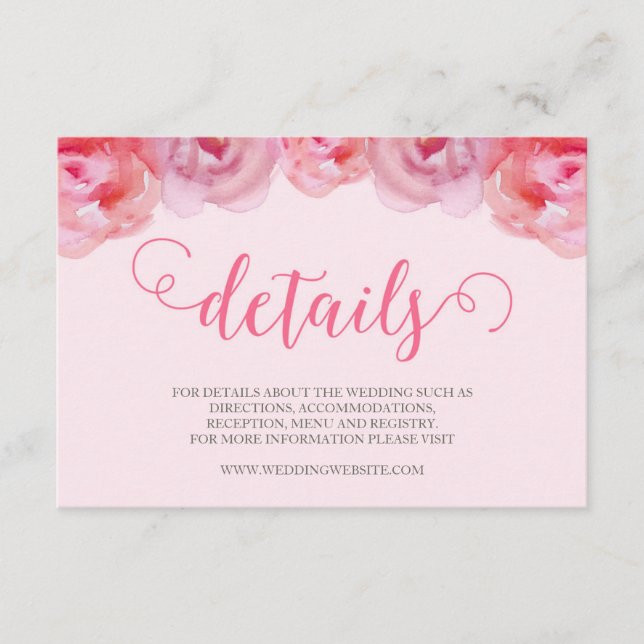 Cartão De Informações Detalhes do Casamento Floral de Rosas de Aquarela  (Frente)